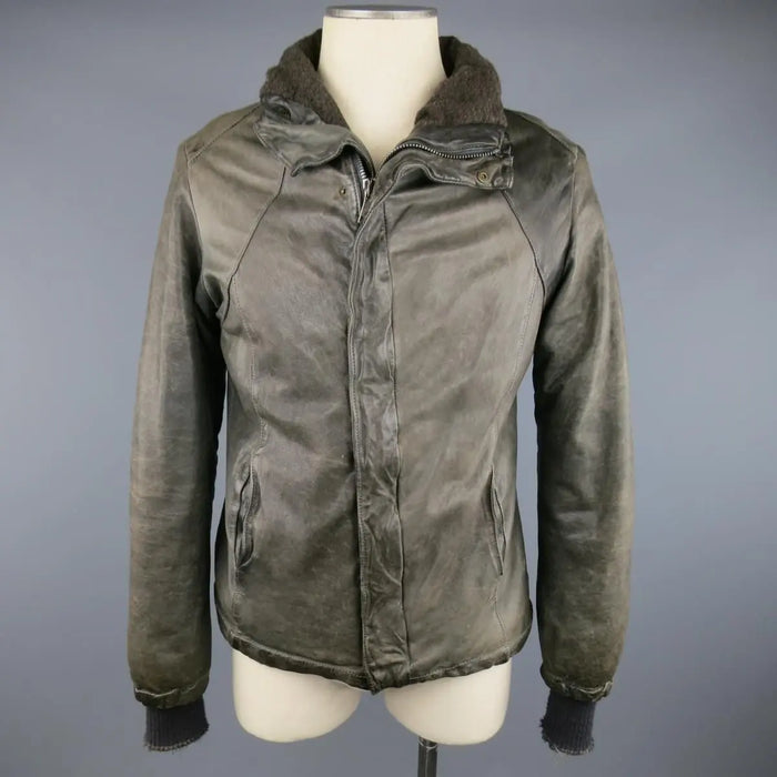 GIORGIO BRATO 38 Taupe Distressed Leather & Silk High Collar Jacket