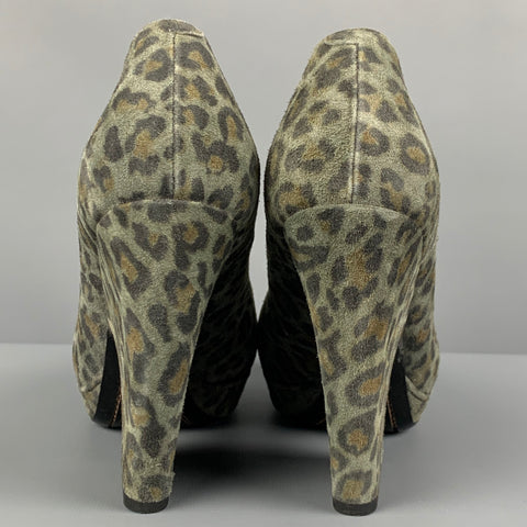 DRIES VAN NOTEN Size 8.5 Moss Brown Suede Animal Print Platform Pumps