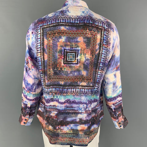 ROBERT GRAHAM Size XL Purple Multi-Color Abstract Linen Long Sleeve Shirt