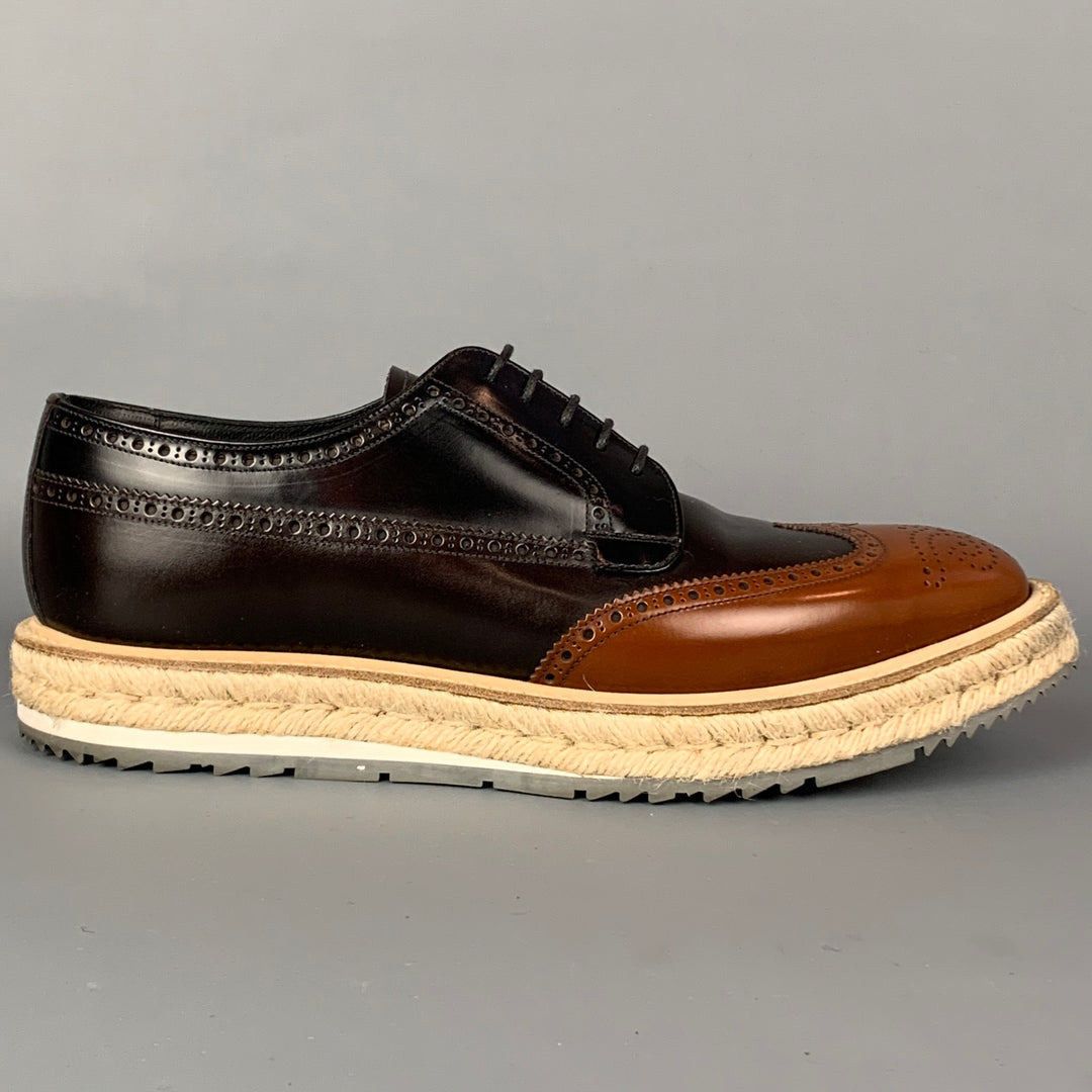 PRADA Size 10 Black & Brown Color Block Leather Wingtip Lace Up Shoes