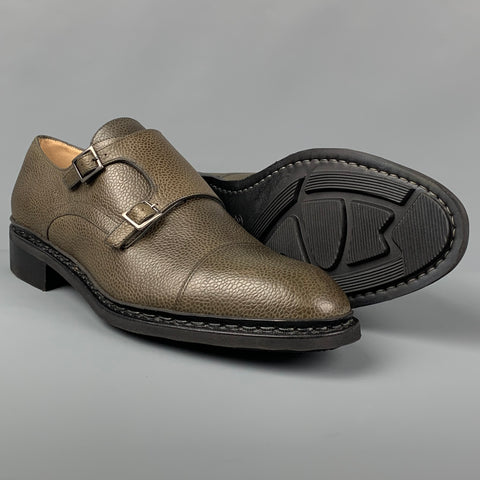 PARABOOT Size 11 Olive Leather Monk Strap-Cap Toe  Loafers