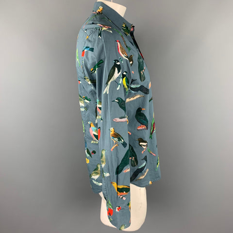 PAUL SMITH Size L Grey Bird Print Cotton Button Up Long Sleeve Shirt
