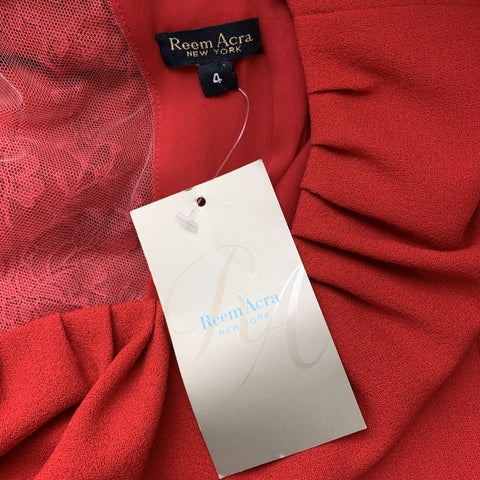 REEM ACRA Size 4 Red Silk Crepe Ruched Collar Lace Back Sheath Dress