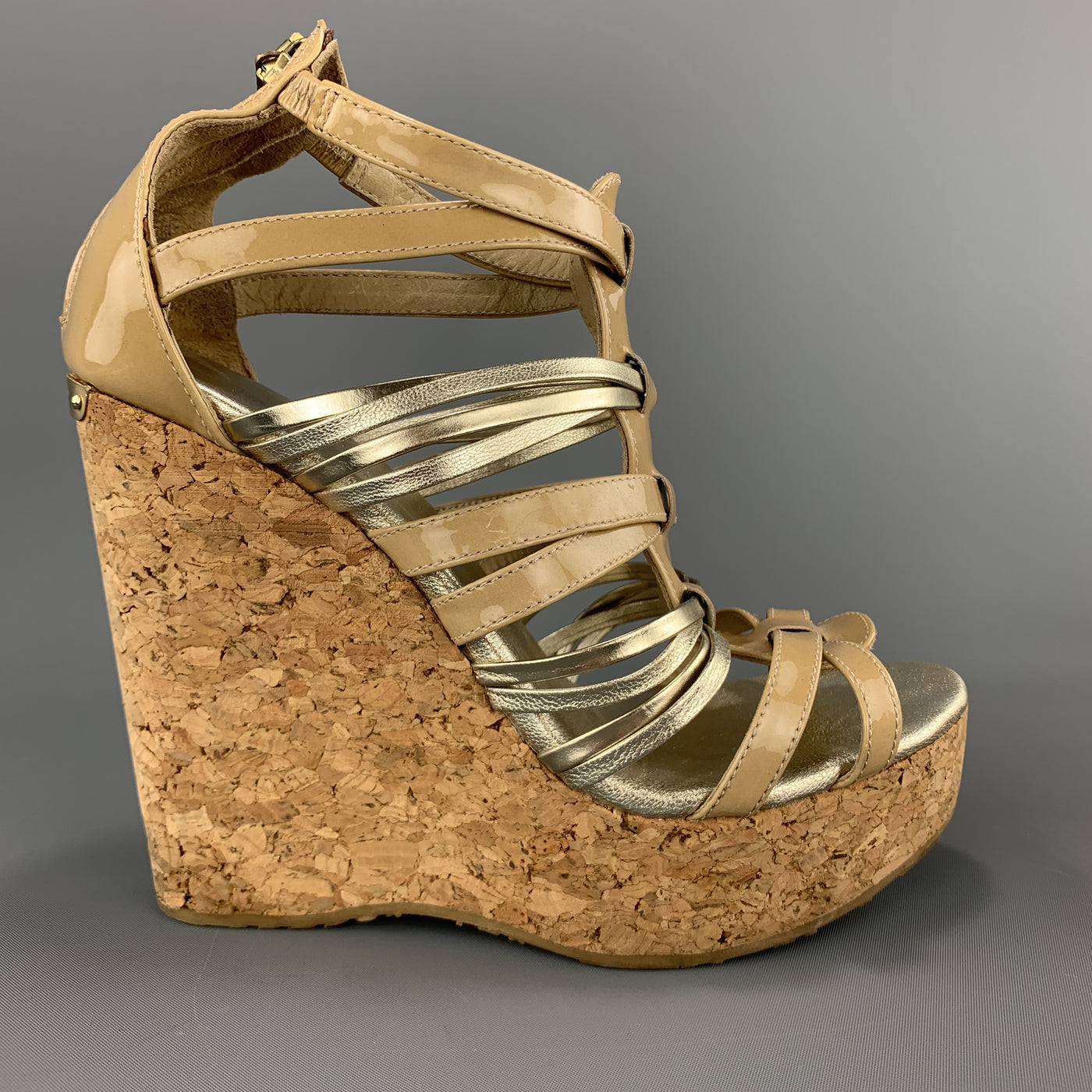JIMMY CHOO Size 7 Beige & Silver Patent Leather Cork Wedge Platform Sandals