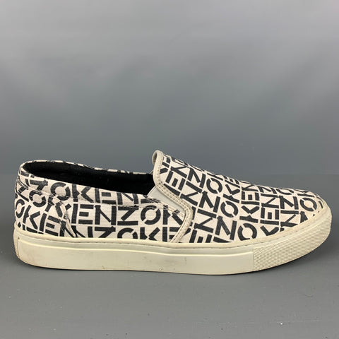 KENZO Size 10 White Black Logo Canvas Slip On Sneakers