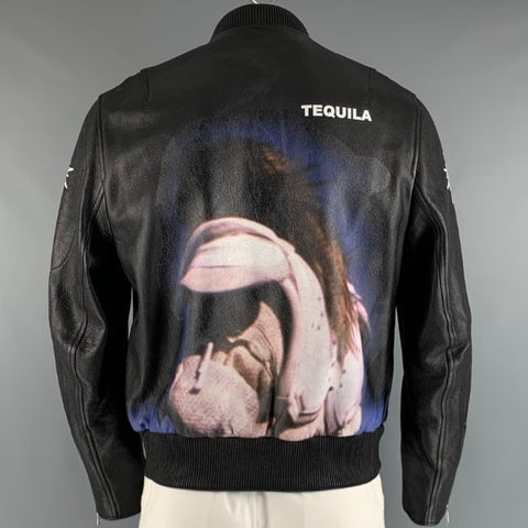TIM COPPENS Size XL Black Graphic Leather Zip Up Jacket