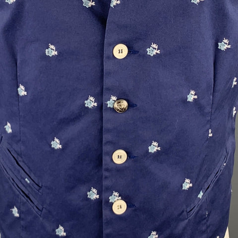 PAOLO PECORA Size 38 Blue Floral Embroidered Cotton Inverted Notch Vest