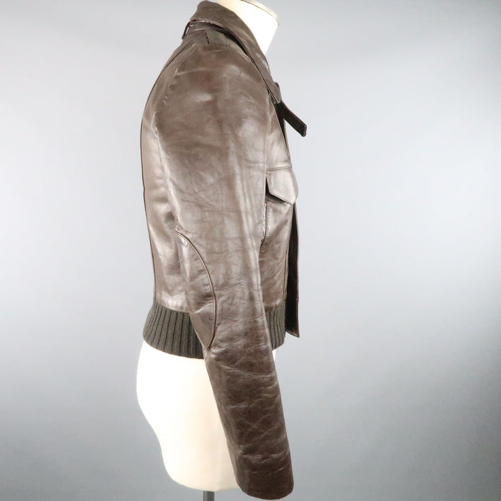BALENCIAGA Size S Brown Leather Collared Cropped Bomber Jacket
