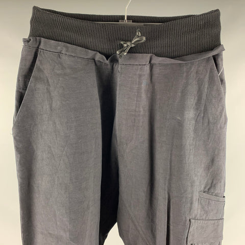 ISABEL BENENATO Taille 32 Pantalon décontracté en coton et lin bleu marine avec ceinture élastique