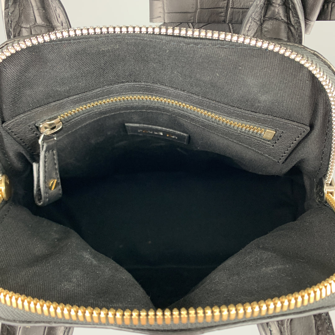 PAUL KA Black Crocodile Embossed Leather Mini Bow Handbag
