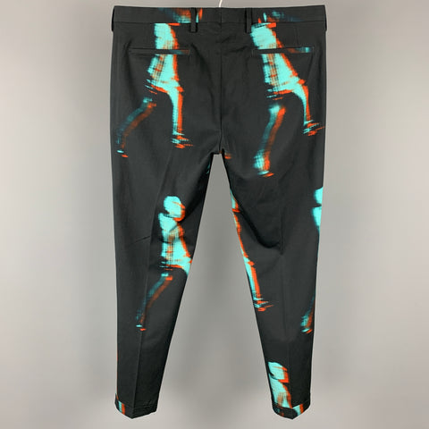 PAUL SMITH Talla 34 Pantalones de vestir con bragueta y cremallera de algodón / viscosa con estampado negro y verde azulado
