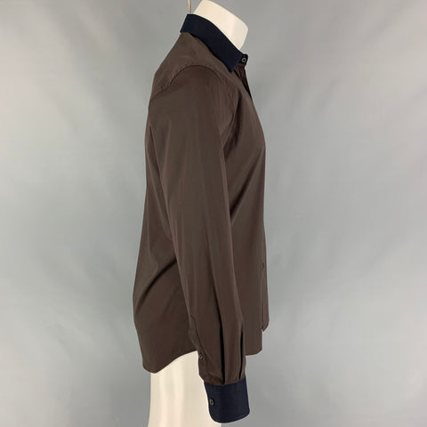 PRADA Size 38 Brown Navy Color Block Cotton Blend Button Down Long Sleeve Shirt