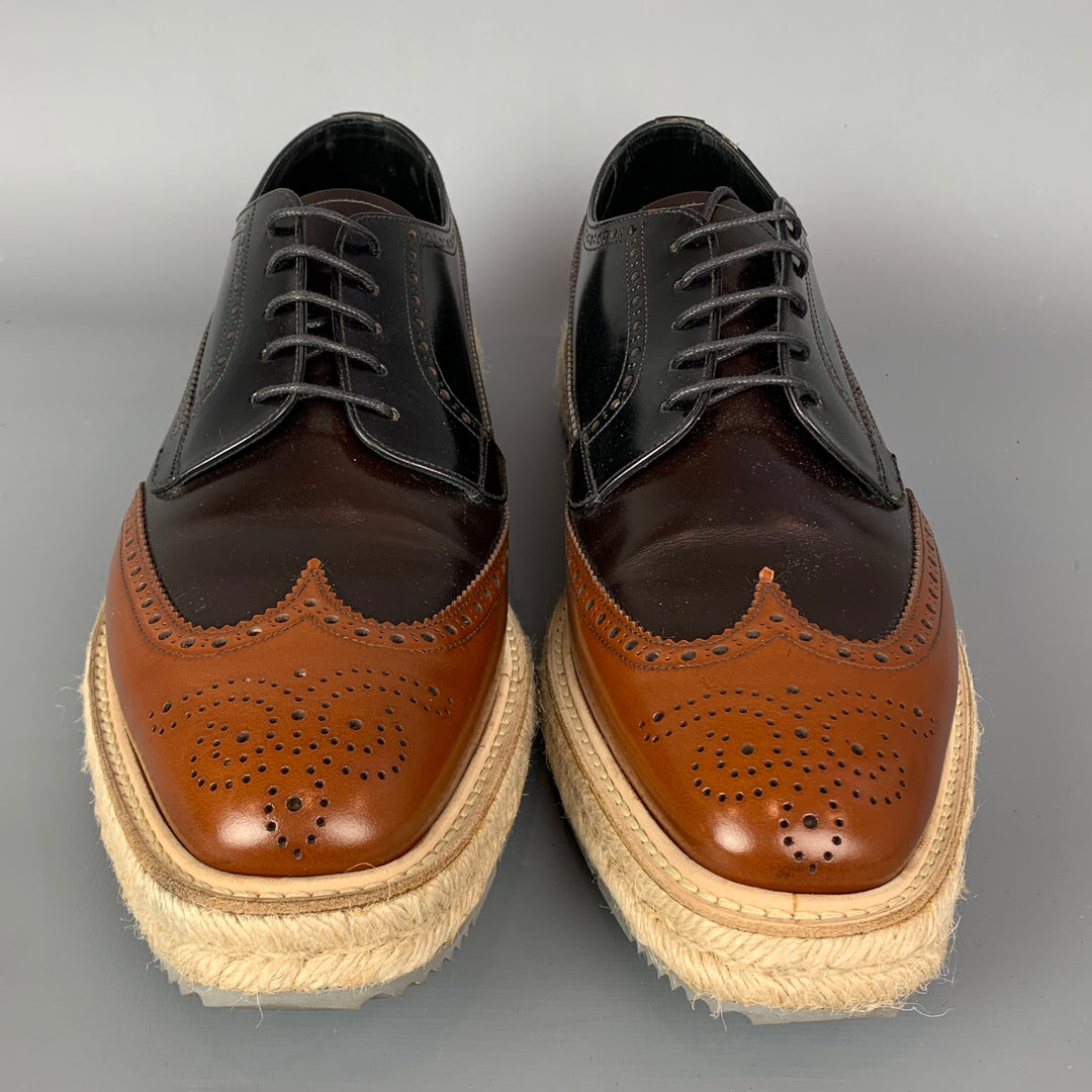 PRADA Talla 10 Zapatos con cordones y punta de ala de cuero con bloques de color negro y marrón