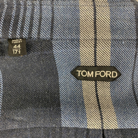 TOM FORD Size XL Navy Blue & White Plaid Cotton Flanel Long Sleeve Shirt