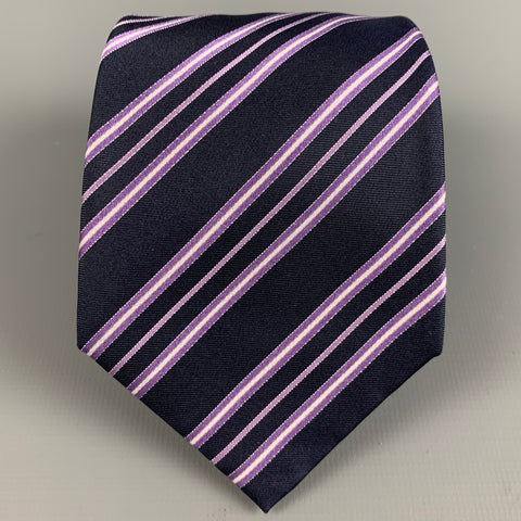 BRIONI Navy Purple Diagonal Stripe Silk Tie