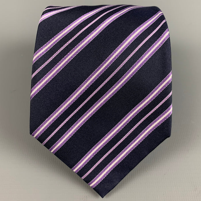 BRIONI Navy Purple Diagonal Stripe Silk Tie