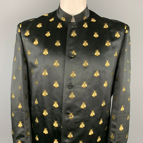 CUSTOM MADE Size 42 Black & Gold Bee Jacquard Motif Nehru Collar Sport Coat