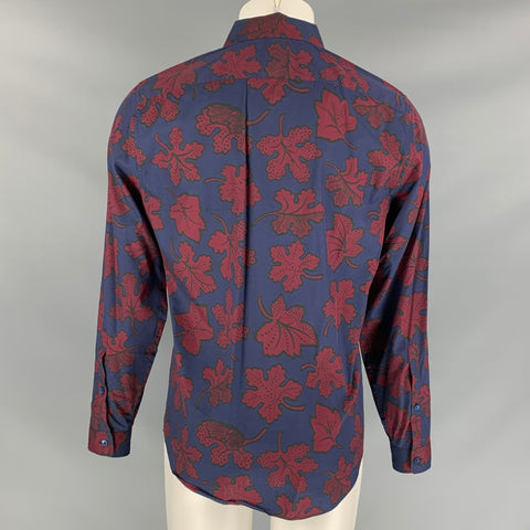 BURBERRY PRORSUM Fall 2014 Size M Navy & Burgundy Leaf Print Cotton / Silk Long Sleeve Shirt