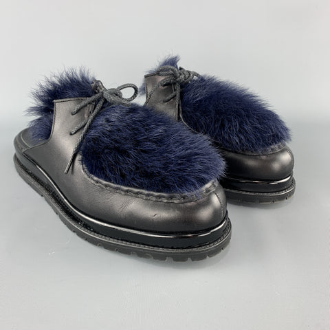 SACAI Black Leather & Blue Fur Slip On Loafer Slides