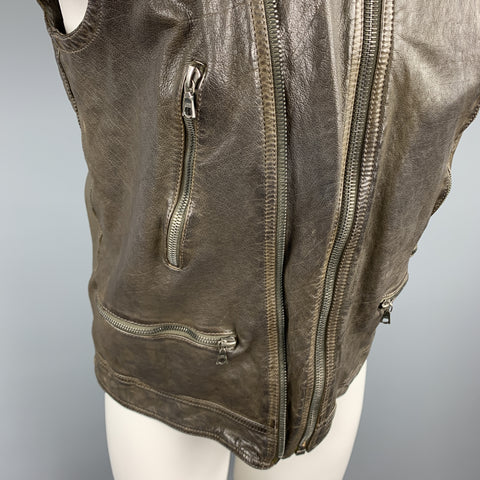 NEIL BARRETT Size S Brown 'Military' Camo Lining Distressed Leather Vest