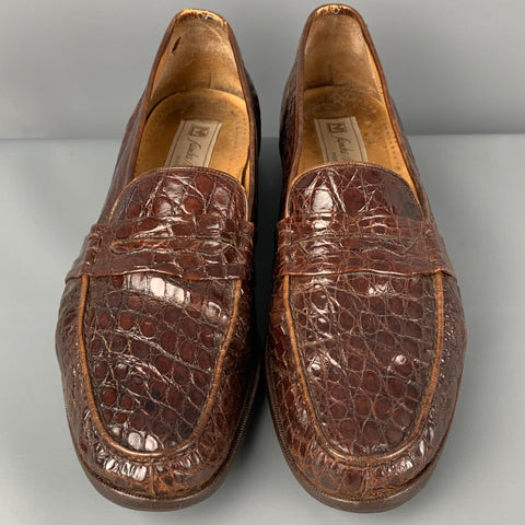 Vintage SANDRO MOSCOLONI Size 11 Brown Textured Crocodile Penny Loafers