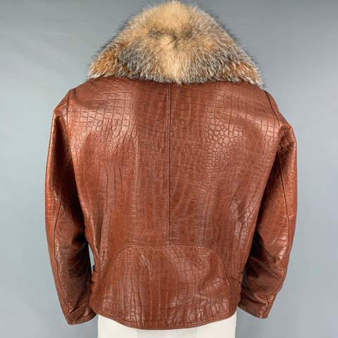 JAKE WOOD Taille XL Veste motard en cuir gaufré marron