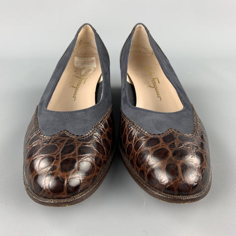 SALVATORE FERRAGAMO Size 10 Brown / Blue Suede Embossed Pumps