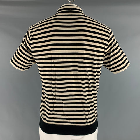 DRIES VAN NOTEN Size XL Black Cream Stripe Cotton Short Sleeve Polo