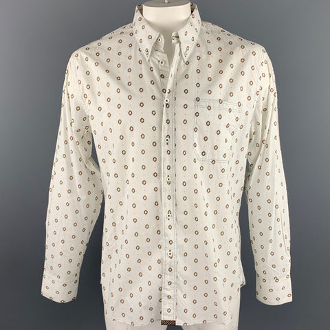 Size XL BILLY REID White Print Cotton Button Down Long Sleeve Shirt