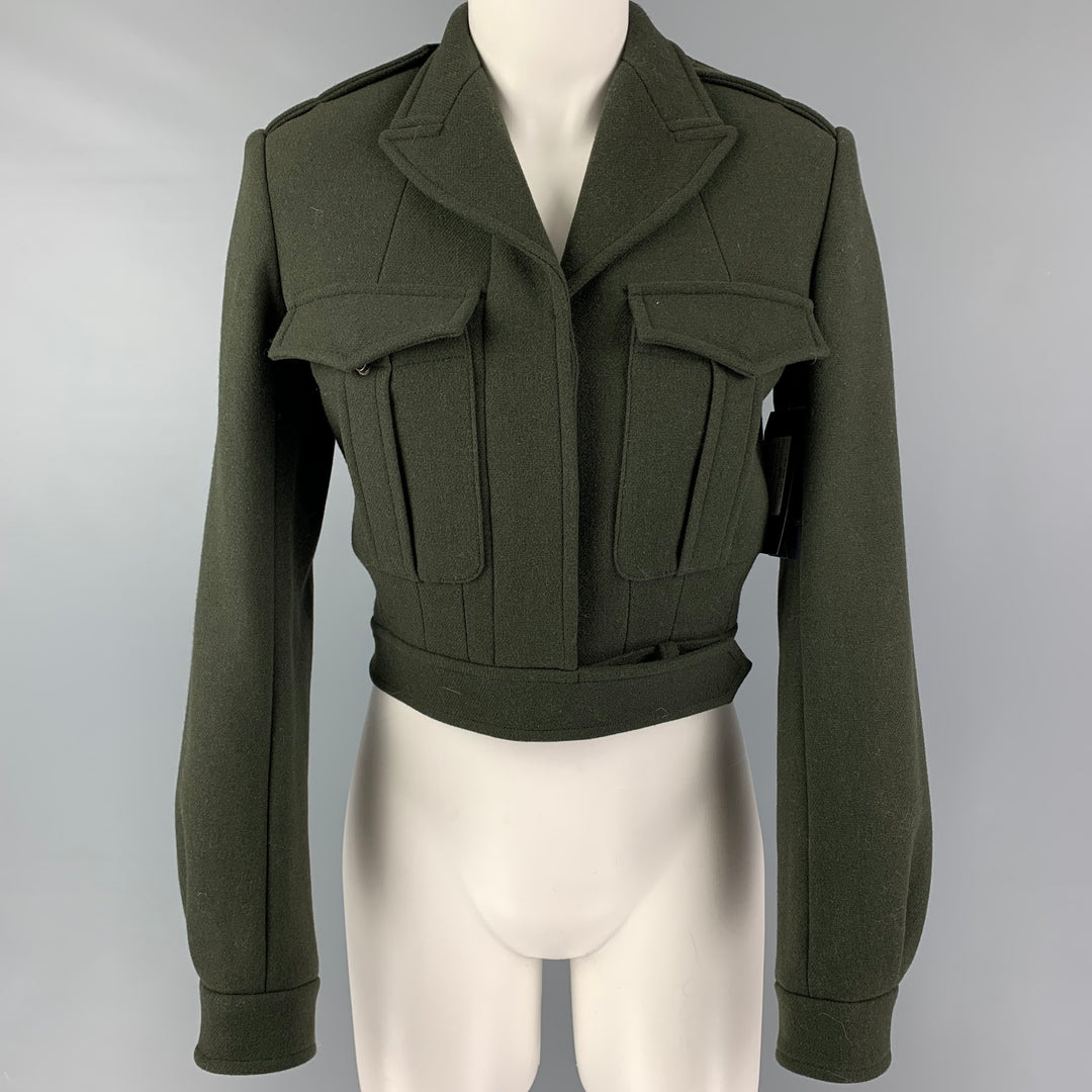 SAINT LAURENT Size 4 Dark Green Wool Cropped Military Jacket