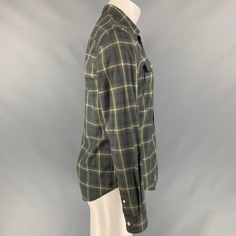 JOHN VARVATOS Talla S Camisa de manga larga con botones de algodón a cuadros verde y gris