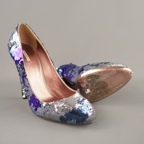 MIU MIU Size 10 Navy & Silver Purple Sequin Pumps
