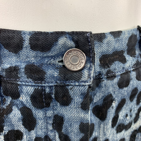 DOLCE & GABBANA Size 6 Blue Lepard Print Distressed Denim Pencil Skirt