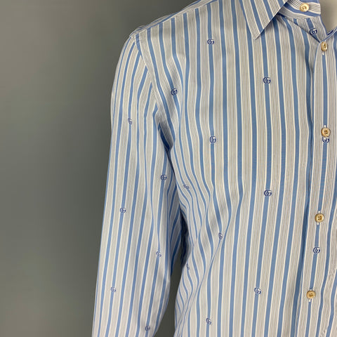 GUCCI Size XL Blue White Stripe Cotton Button Up Long Sleeve Shirt