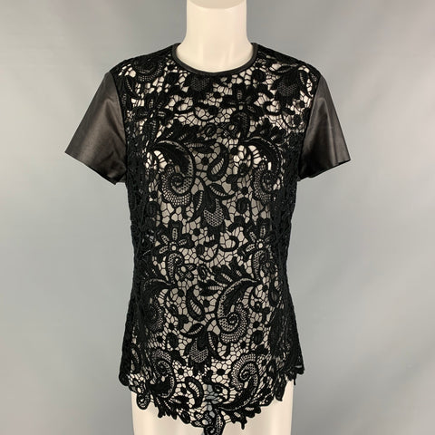 RALPH LAUREN Size 10 Black Guipure  Cotton Leather Trim Short Sleeve Dress Top