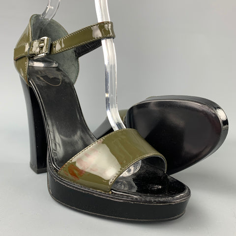 PRADA Size 9.5 Olive & Black Patent Leather Platform Sandals