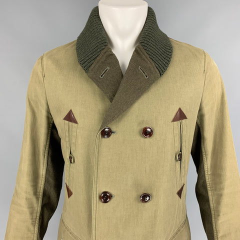 JUNYA WATANABE Size L Olive Mixed Materials Cotton / Hemp Double Breasted Coat