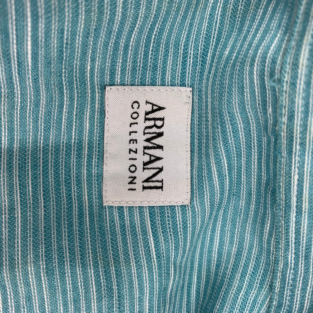 ARMANI COLLEZIONI Size M Aqua & White Pinstripe Linen / Cotton Long Sleeve Shirt