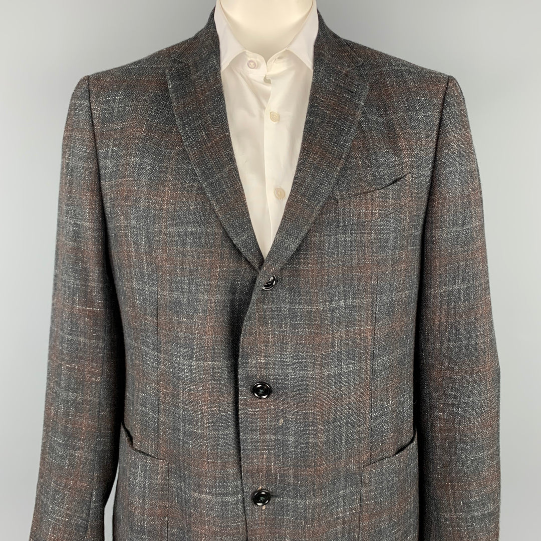 ERMENEGILDO ZEGNA Size 48 Regular Charcoal & Brown Woven Cashmere Blend Notch Lapel Sport Coat