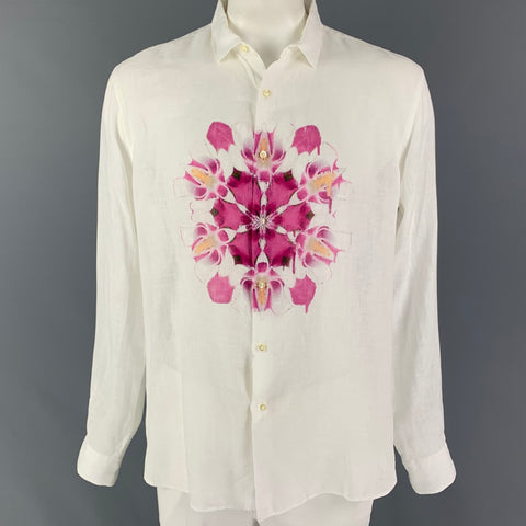 ETRO Size XL White Purple Floral Linen Button Down Long Sleeve Shirt