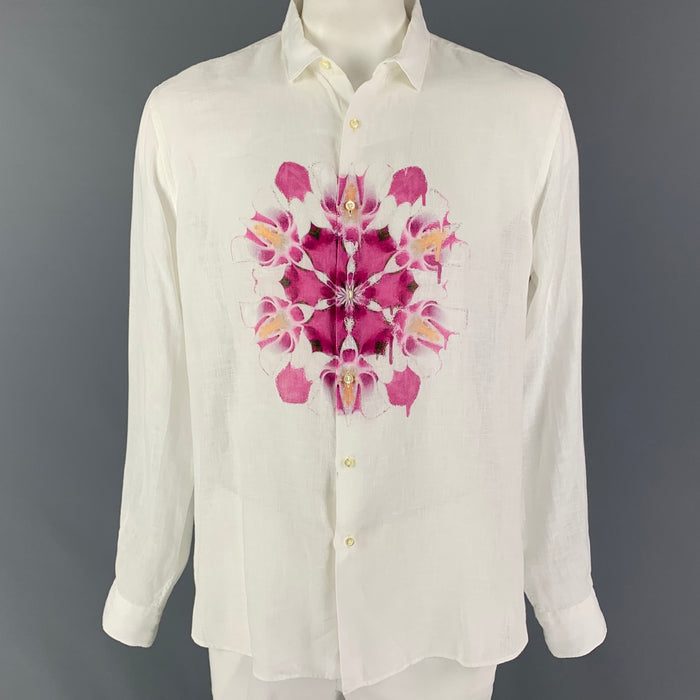 ETRO Size XL White Purple Floral Linen Button Down Long Sleeve Shirt