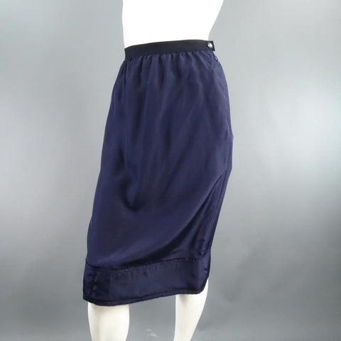 LANVIN SS/S 2008 Size US 6 Navy Silk Ribbon Waist Raw Hemmed Skirt