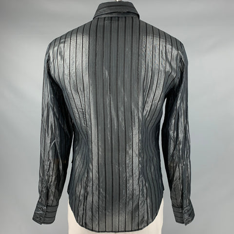 JUST CAVALLI Size L Black Stripe Viscose Blend Button Up Long Sleeve Shirt