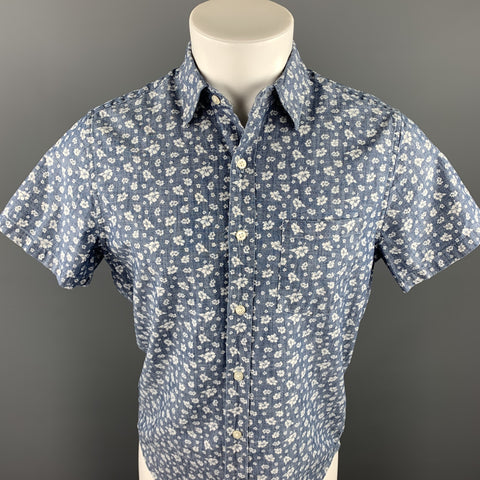 J CREW Size S Indigo Floral Cotton Button Up Short Sleeve Shirt
