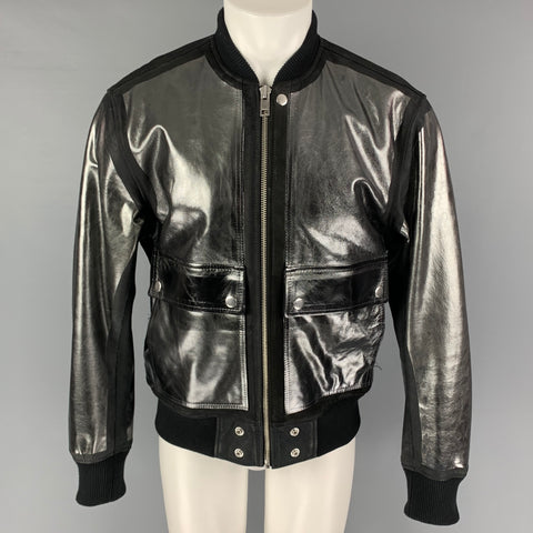 DIESEL Size L Gunmetal Black Coated Leather Zip Up Jacket