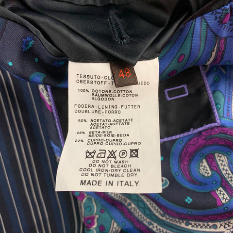 ETRO Size 38 Navy & Black Stripe Acetate Blend Notch Lapel Sport Coat