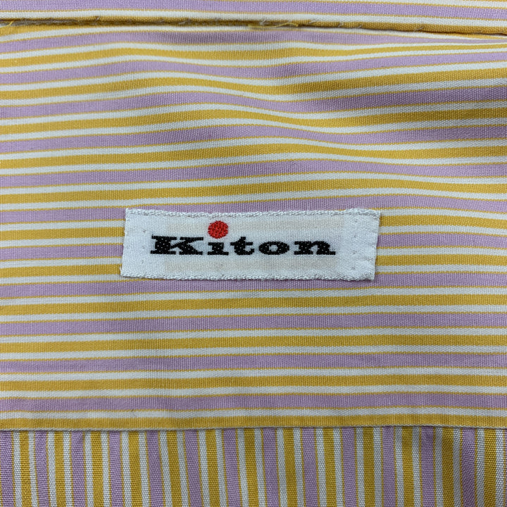 KITON Camisa de manga larga con botones de algodón a rayas amarillas y moradas talla M