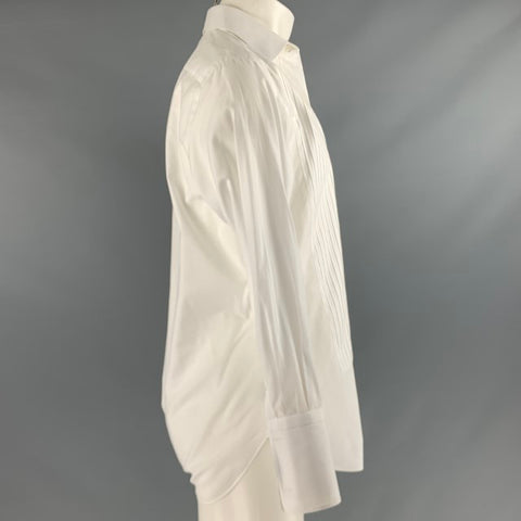 BRIONI Size 38 White Cotton Pleated Long Sleeve Tuxedo Shirt