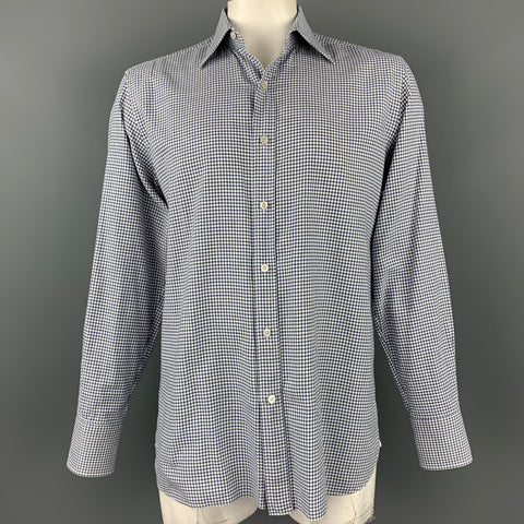TOM FORD Size XL Navy & White Window Pane Cotton Button Up Long Sleeve Shirt