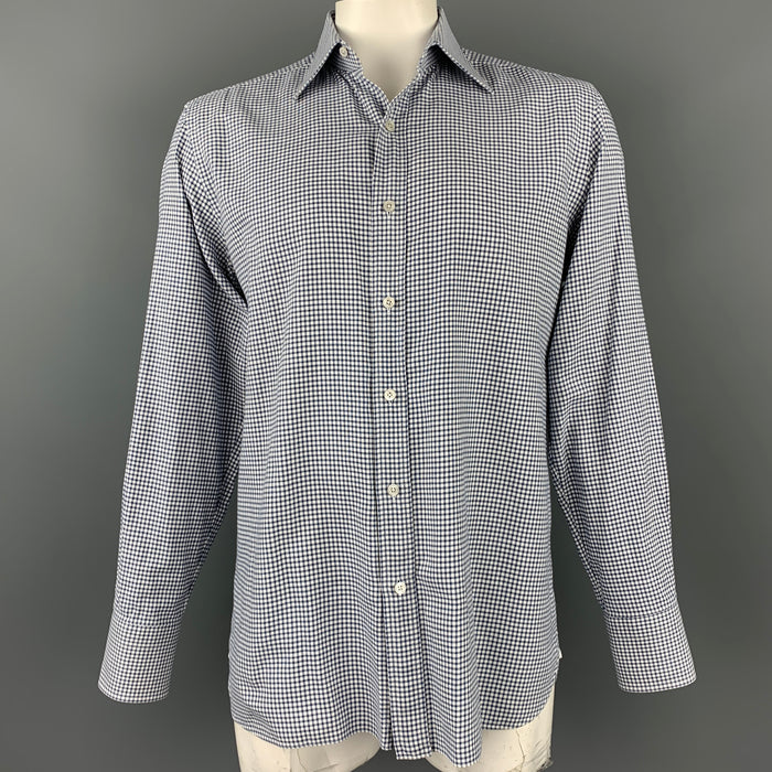 TOM FORD Size XL Navy & White Window Pane Cotton Button Up Long Sleeve Shirt